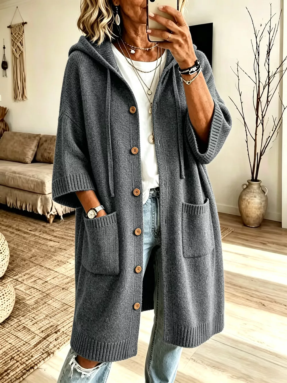 Hooded Button-Down Knit Cardigan with Pockets, image 11
