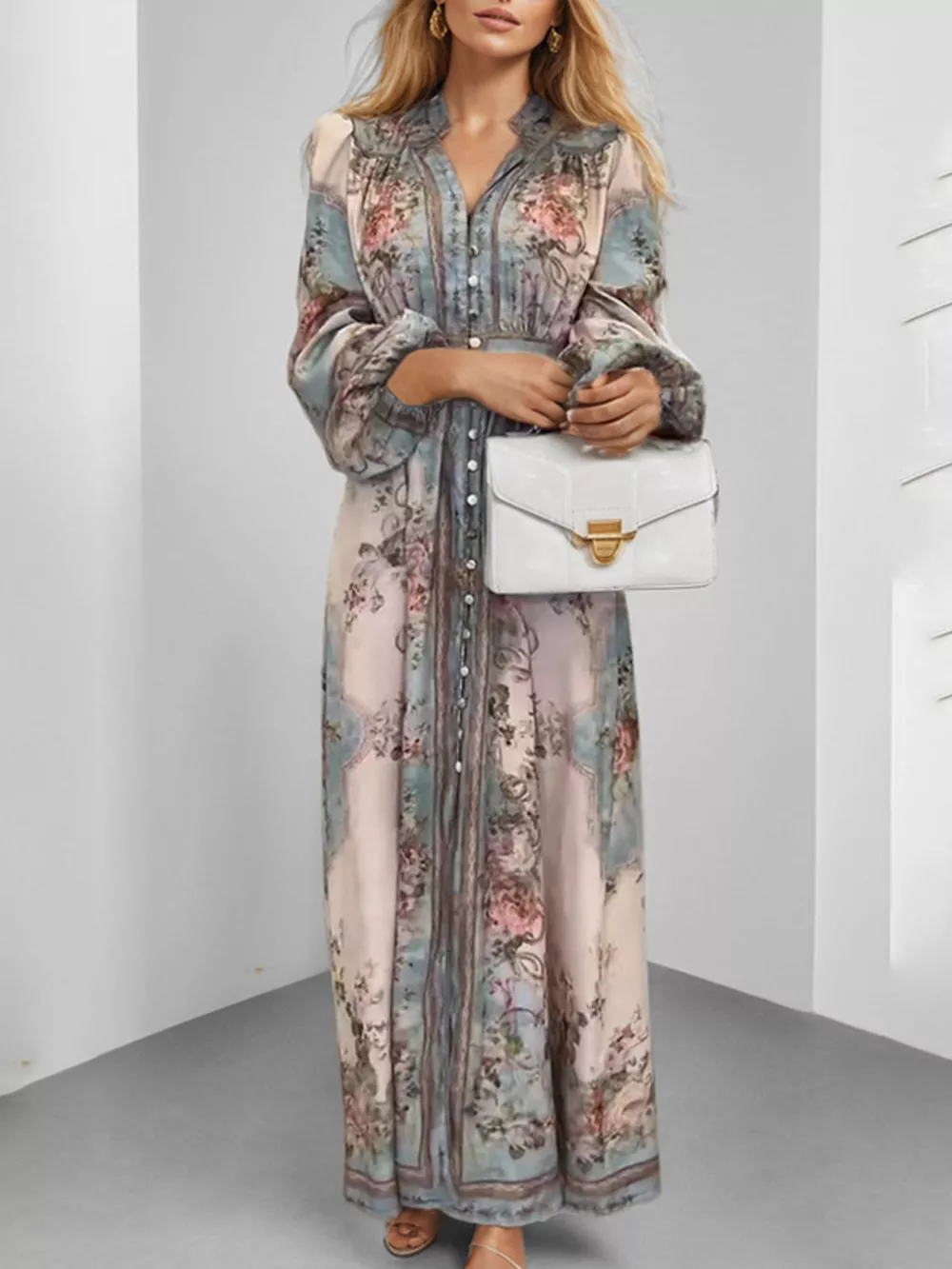 Full Size Floral Print Maxi Dress with Puff Sleeves Plus Size, image 2