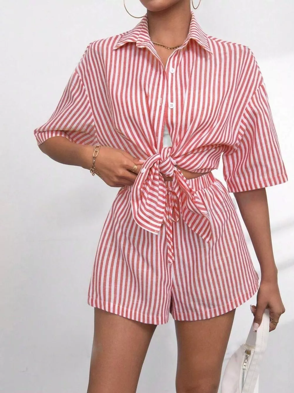 Striped Button Up Shirt and Shorts Casual Set, image 5