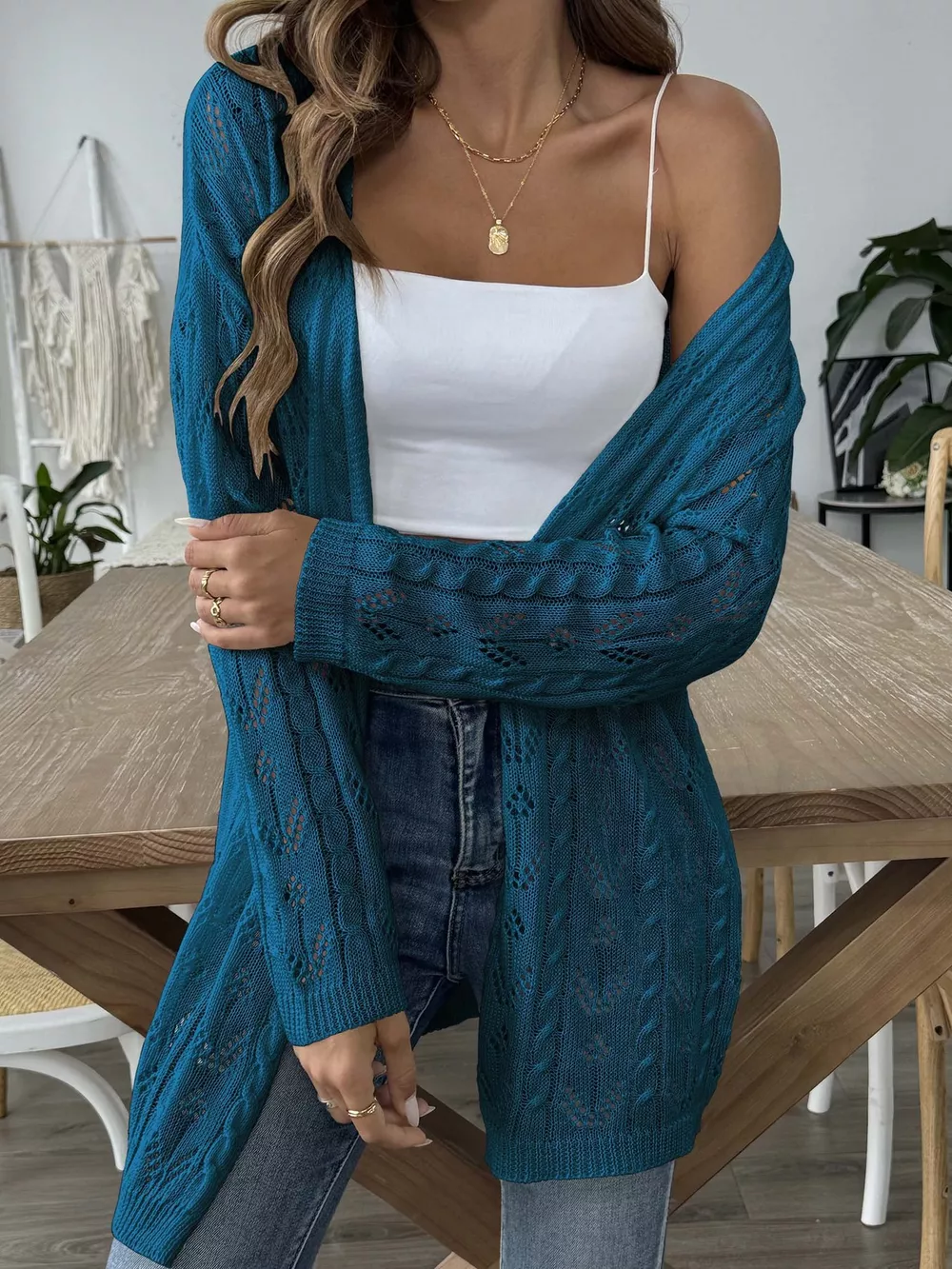 Openwork Open Front Knit Cardigan, image 12