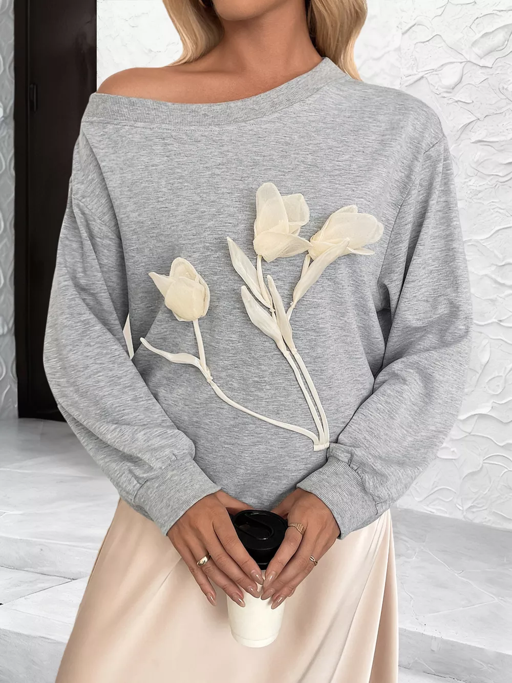Floral Applique Boat Neck Sweatshirt, image 10