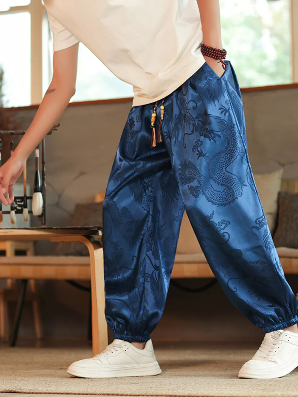 Men's Plus Size Dragon Pattern Silk Harem Pants, image 6