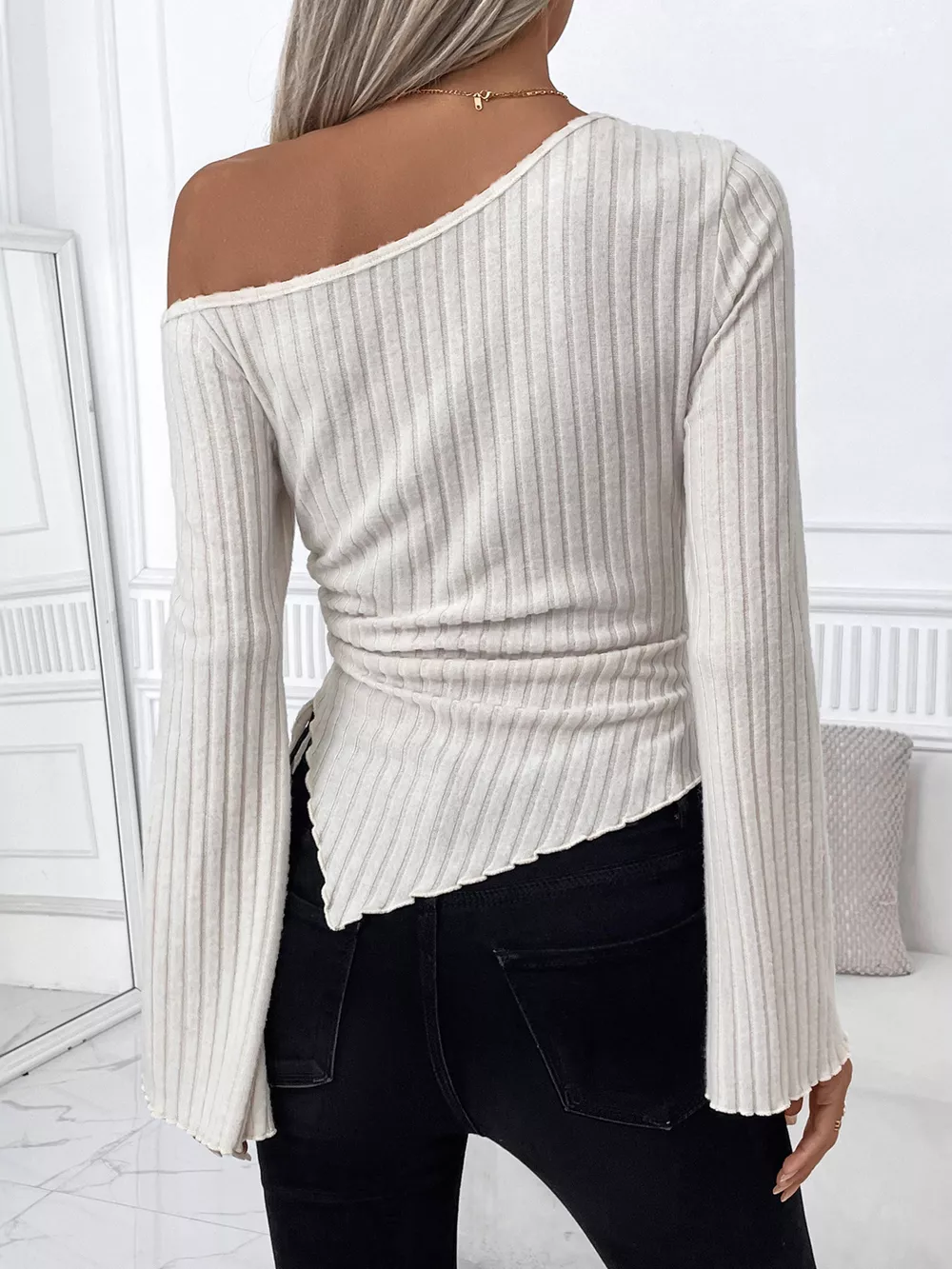 Ribbed One Shoulder Asymmetrical Hem T-Shirt, image 7