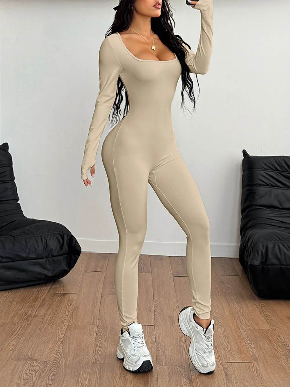 Square Neck Long Sleeve Active Jumpsuit, image 9