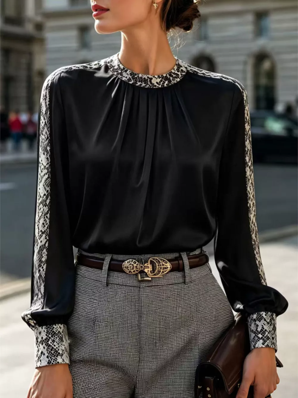 Snake Print Contrast Trim Satin Blouse, image 4