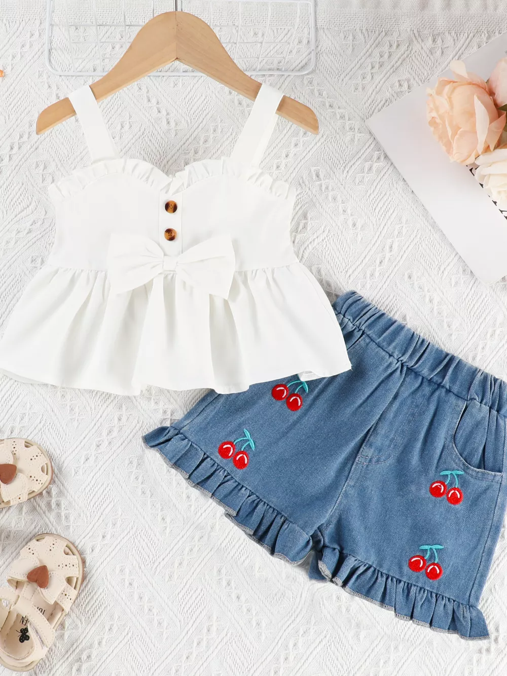 Children's Ruffle Trim Top & Denim Shorts Set, image 2