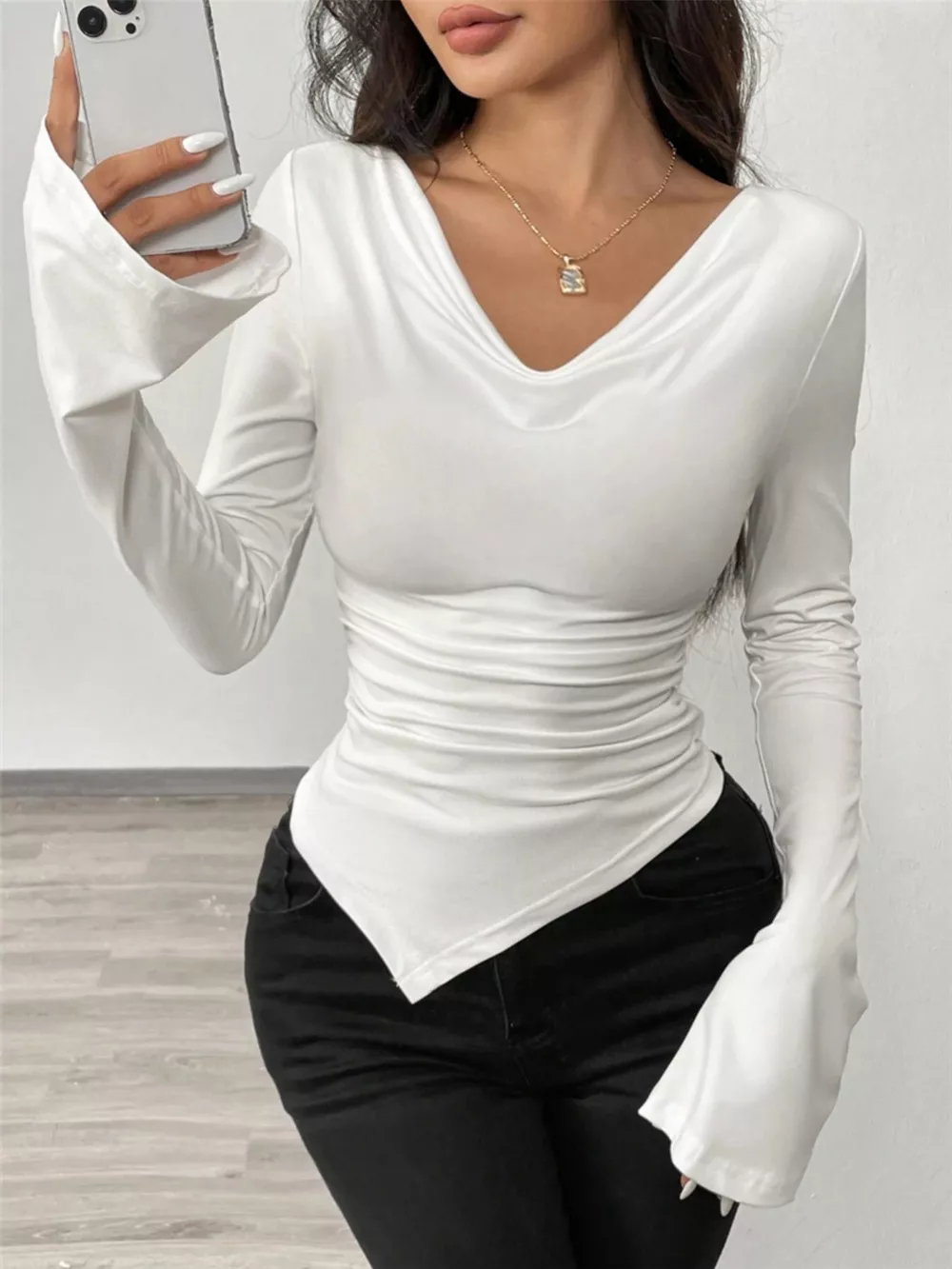 Asymmetrical Long Sleeve Fitted T-Shirt, image 9