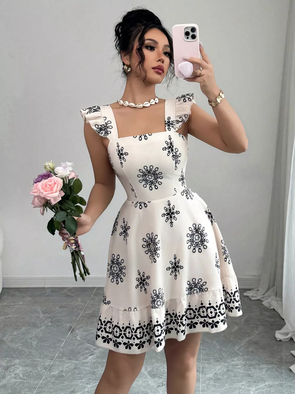 Printed Bow Back Square Neck Mini Dress, image 5