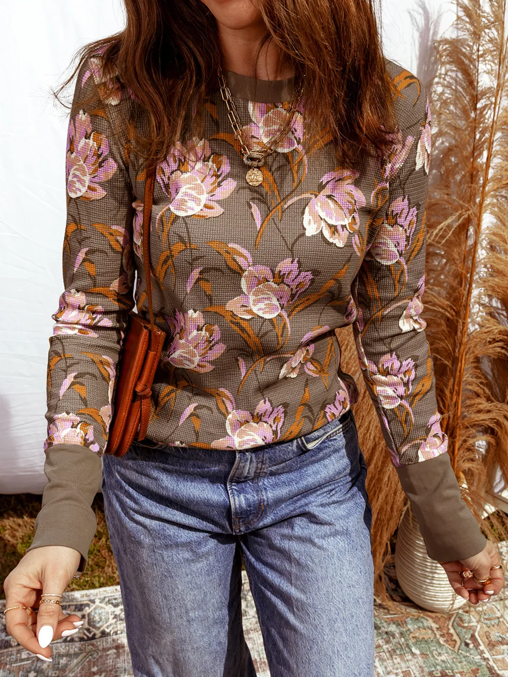Floral Print Waffle Textured Long Sleeve Top, image 7