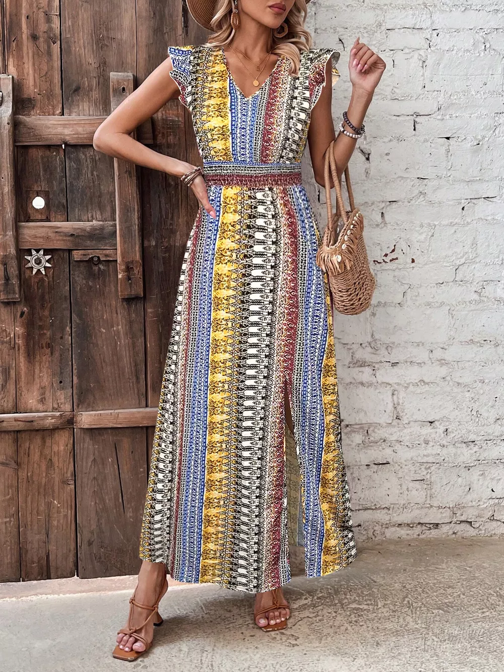 Boho Print Ruffle Sleeve Slit Dress, image 19