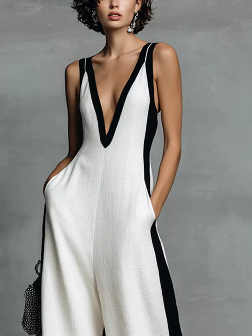 Contrast Trim V-Neck Sleeveless Jumpsuit, image 3