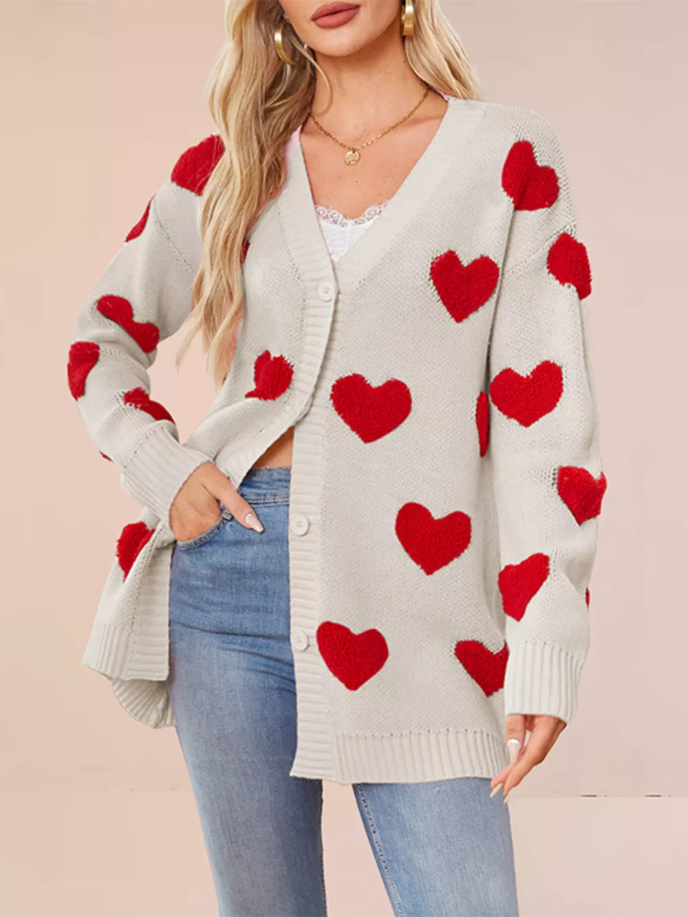 Heart Pattern V-Neck Button-Down Knit Cardigan, image 5
