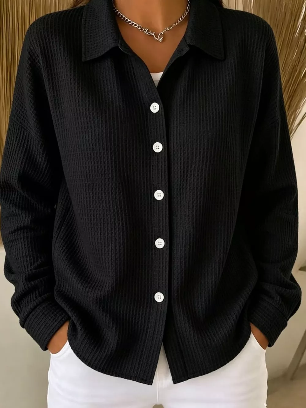 Waffle Knit Button-Down Shirt, image 6