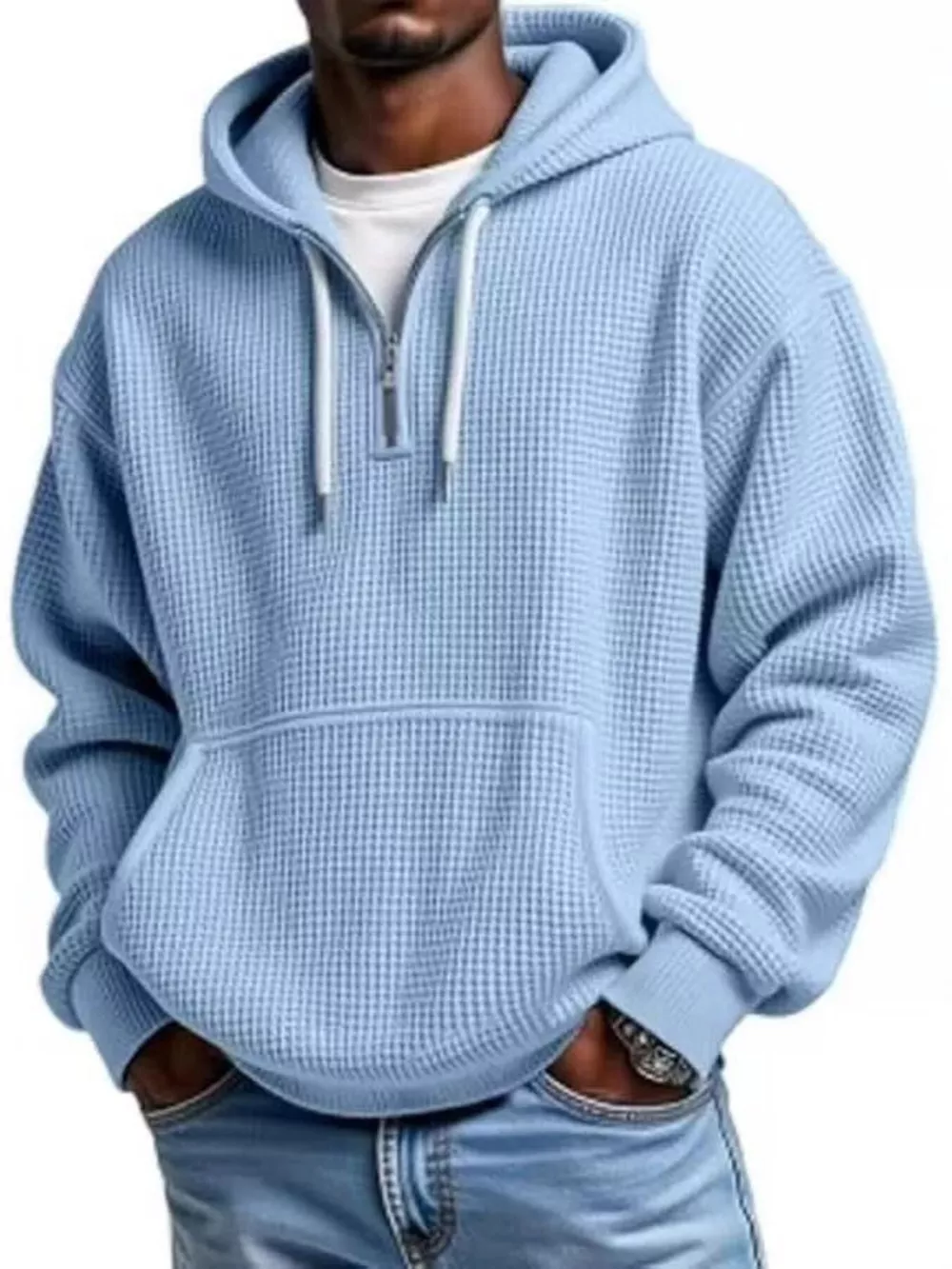 Men's Full Size Textured Waffle Knit Half-Zip Hoodie Plus Size, image 17