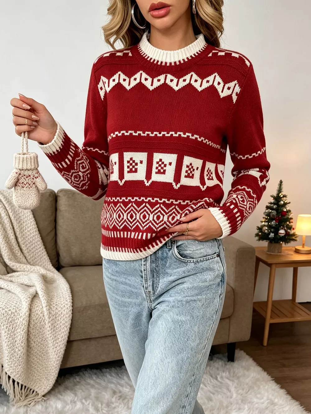 Christmas Festive Fair Isle Patterned Crew Neck Sweater, image 5
