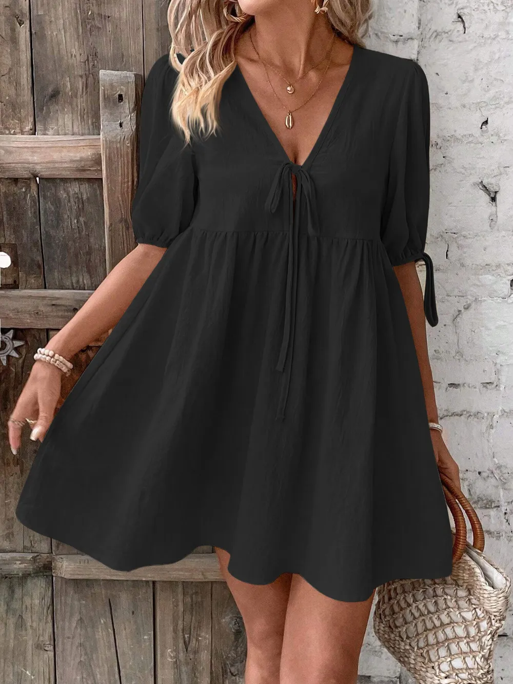 V-Neck Tie-Front Mini Dress with Puff Sleeves, image 22