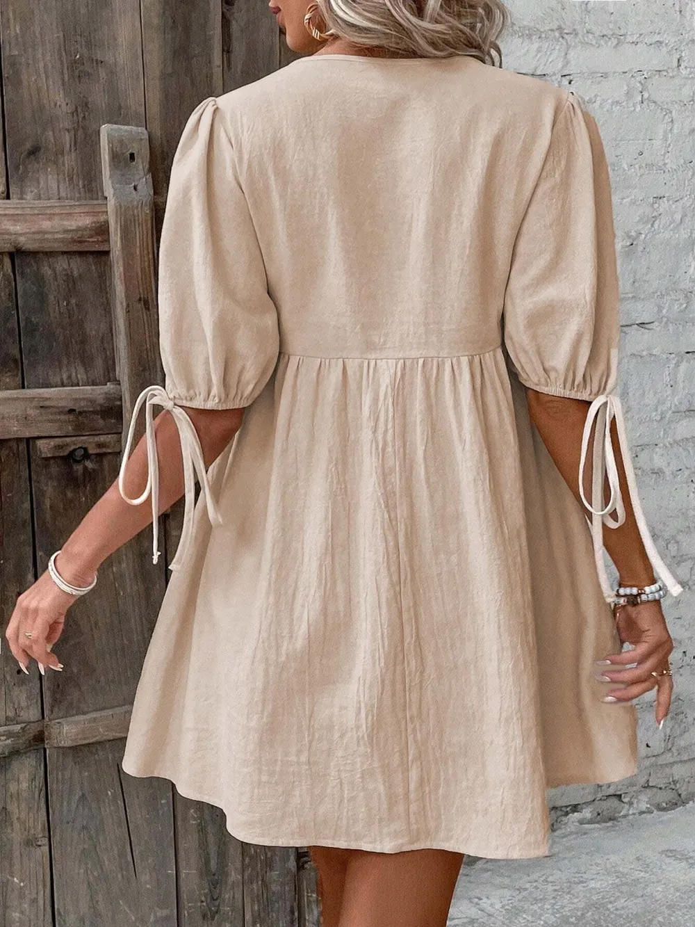 V-Neck Tie-Front Mini Dress with Puff Sleeves, image 23