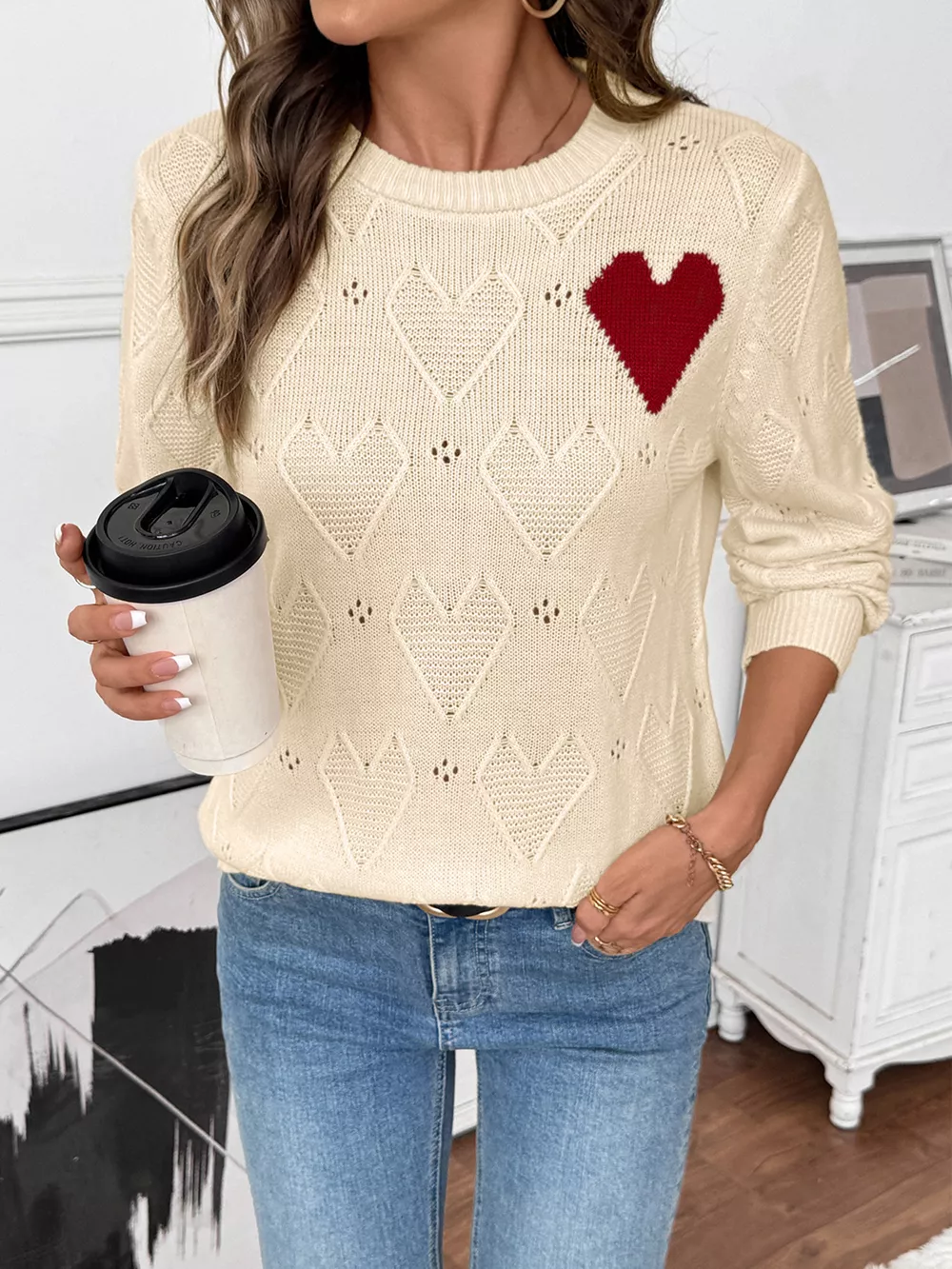 Openwork Heart Round Neck Sweater, image 10