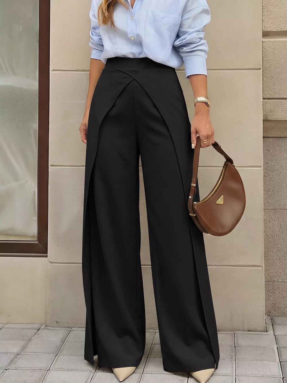 Wide-Leg Pants with Overlap Front Detail, image 2