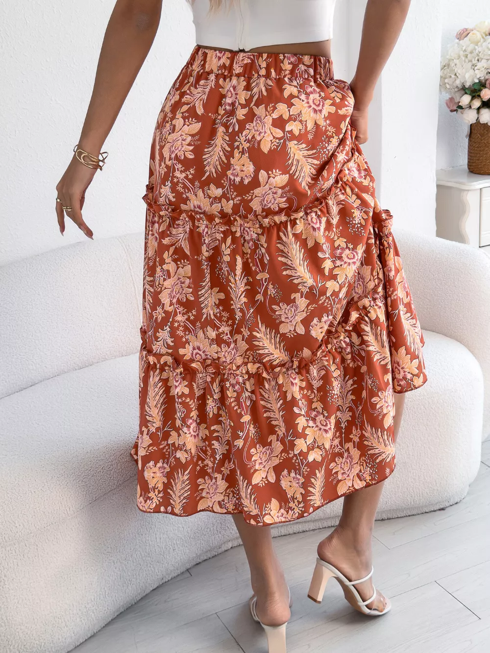 Floral Print Ruffle Hem Flowy Midi Skirt, image 14