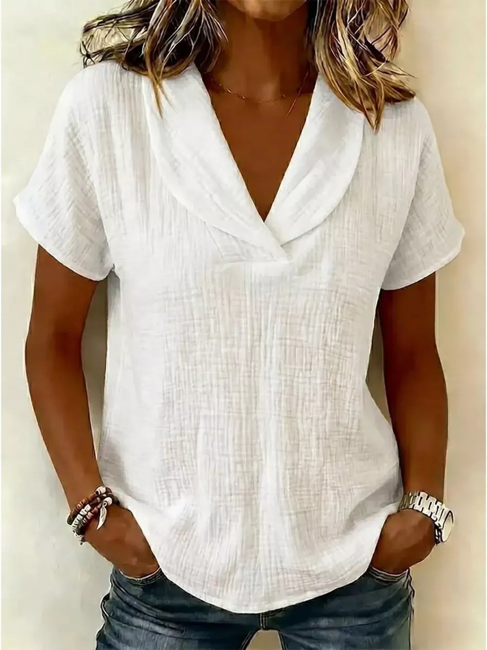 Full Size Casual Short Sleeve Textured Blouse Plus Size, image 2