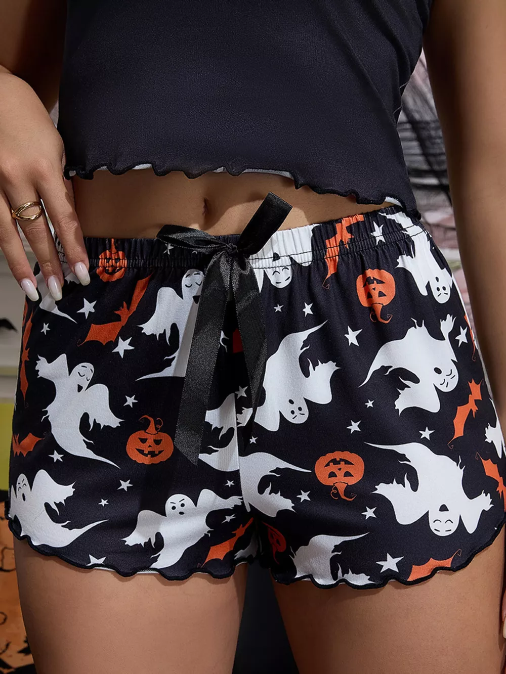 Halloween Ghost and Pumpkin Print Lettuce Trim Cami and Shorts Set, image 4