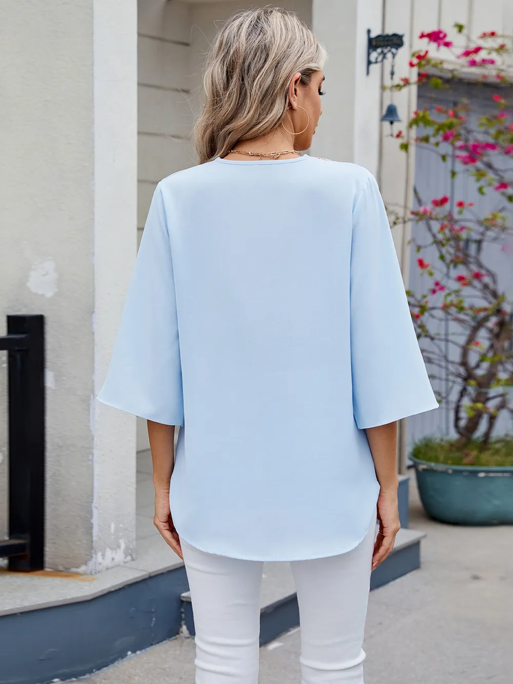 V-Neck Lace Trim Blouse, image 22