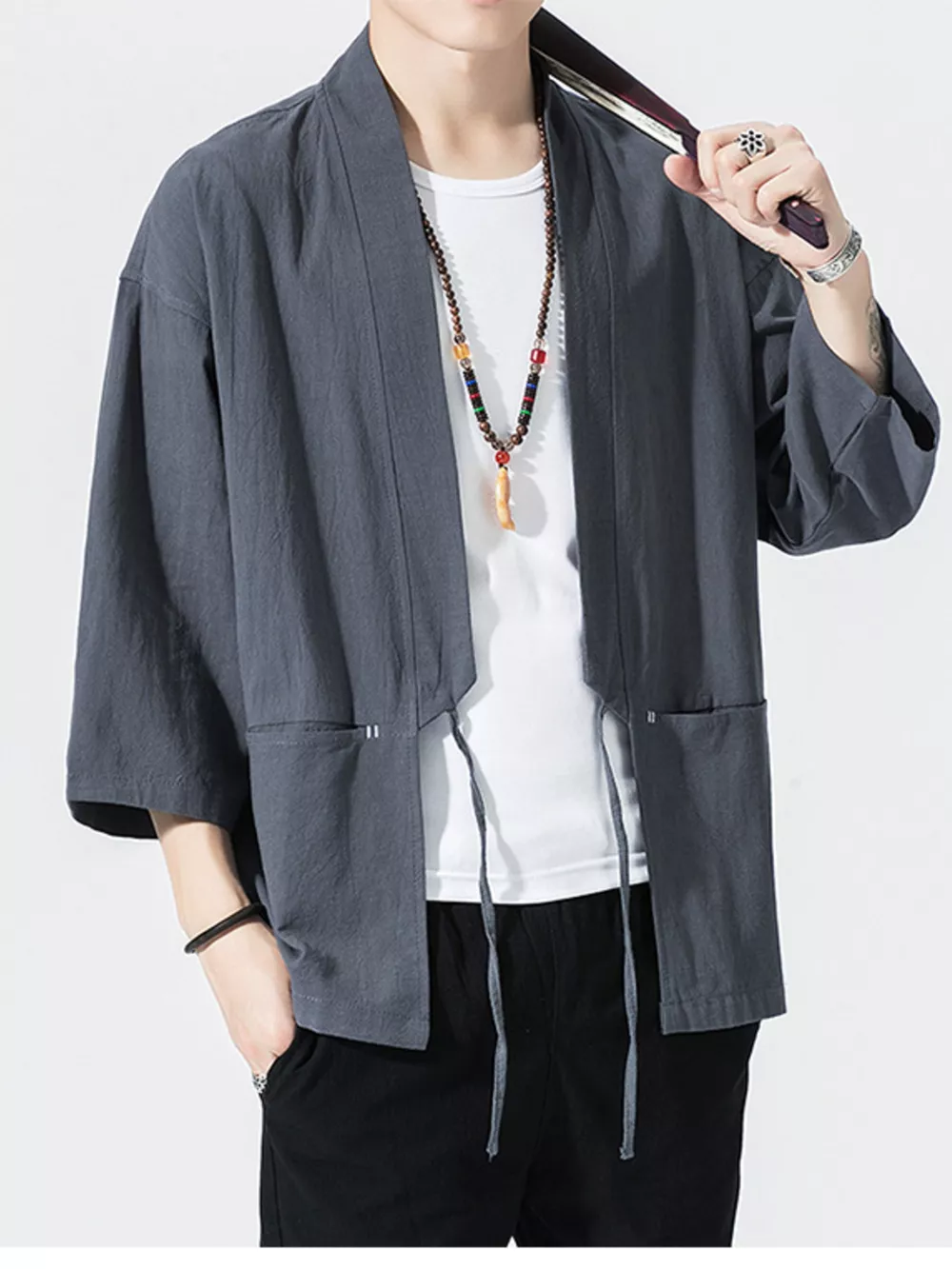 Men's Plus Size Tie Front 3/4 Sleeve Cardigan, image 3