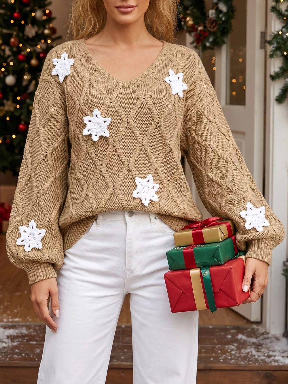Snowflake Textured V-Neck Sweater, image 10