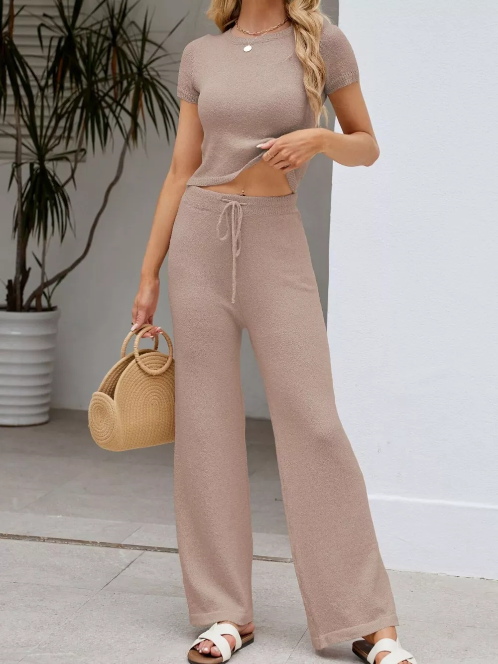 Solid Color Knit Short Sleeve Top and Wide Leg Pants Set, image 2