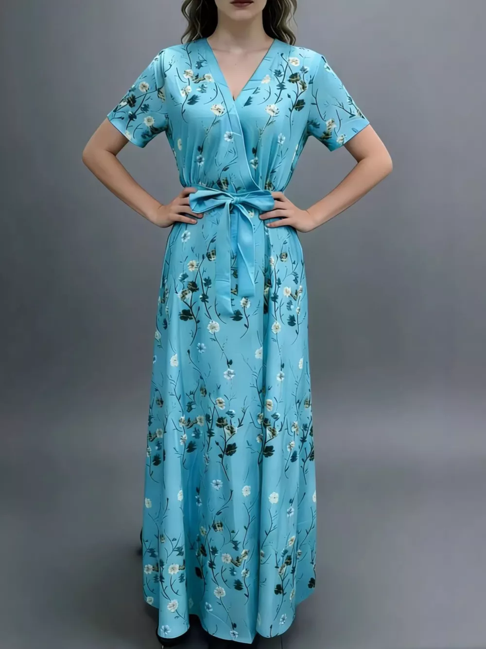 Floral Print Short Sleeve Wrap Maxi Dress