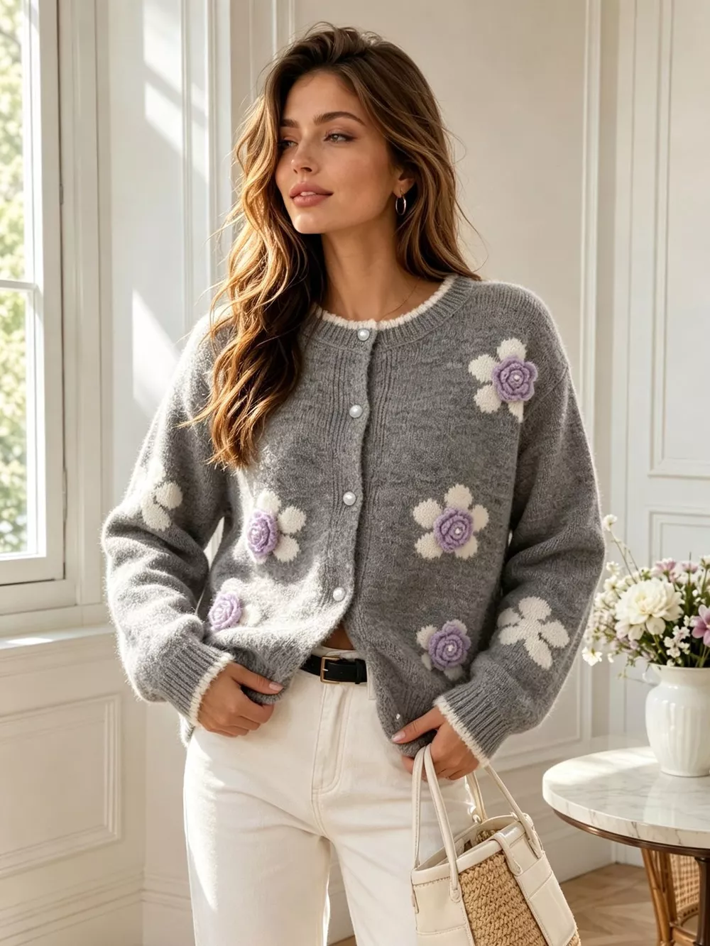 Floral Applique Button-Down Knit Cardigan, image 18