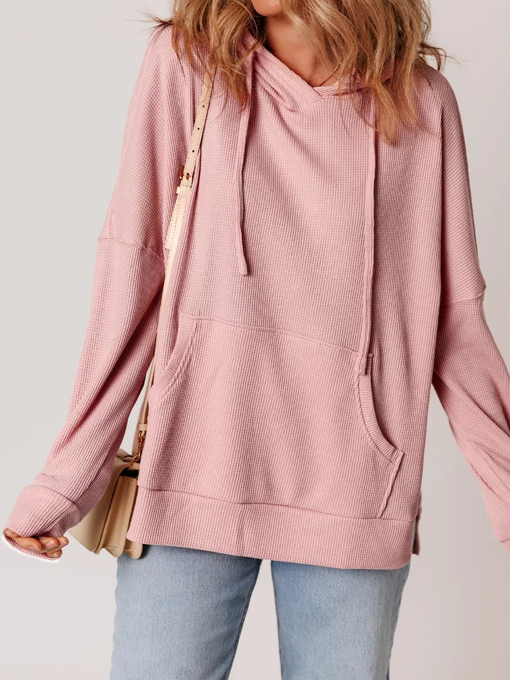 Waffle Knit Fleece Lined High Low Oversized Hoodie