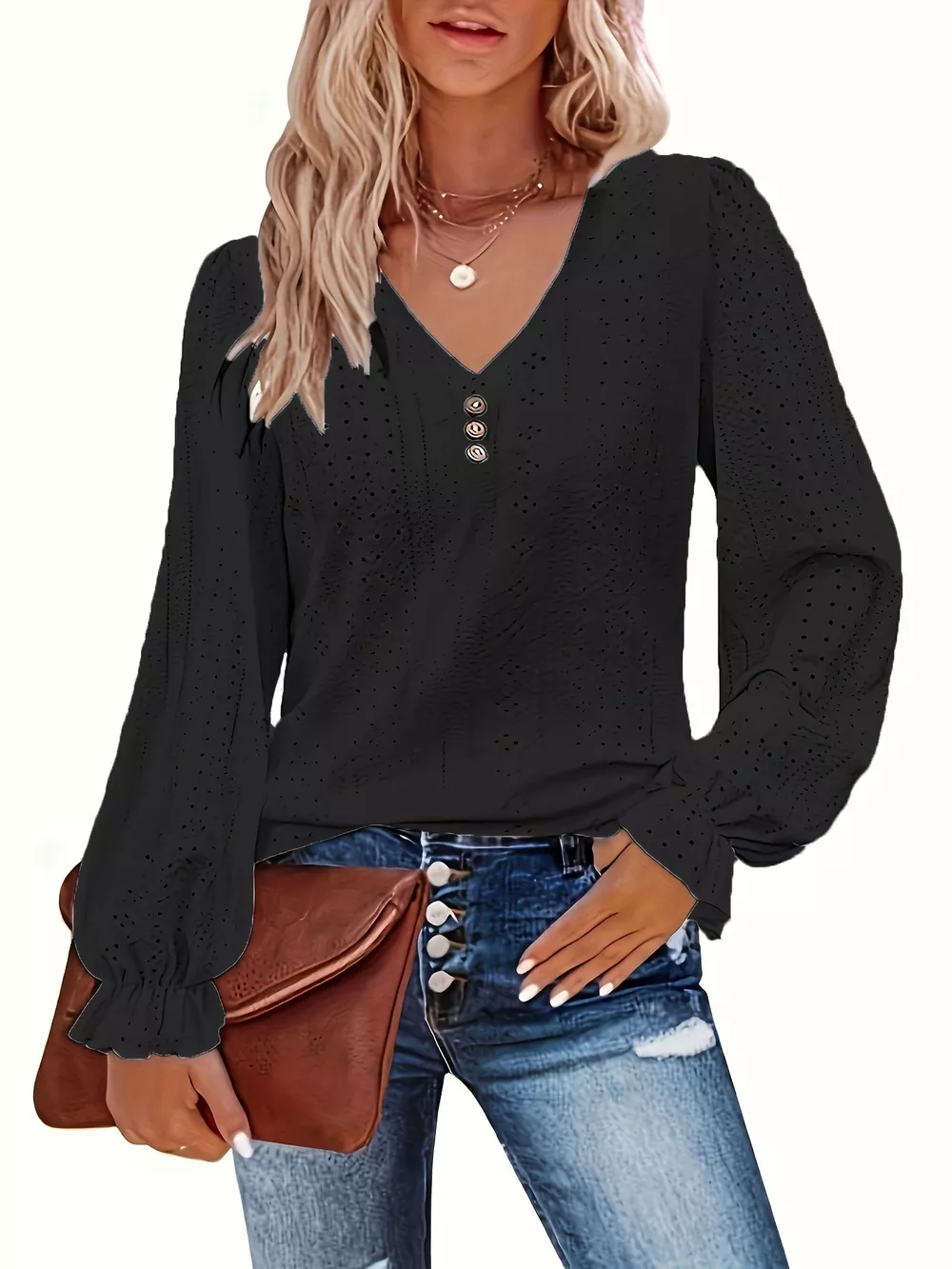 Plus Size Eyelet V-Neck Flounce Sleeve Blouse