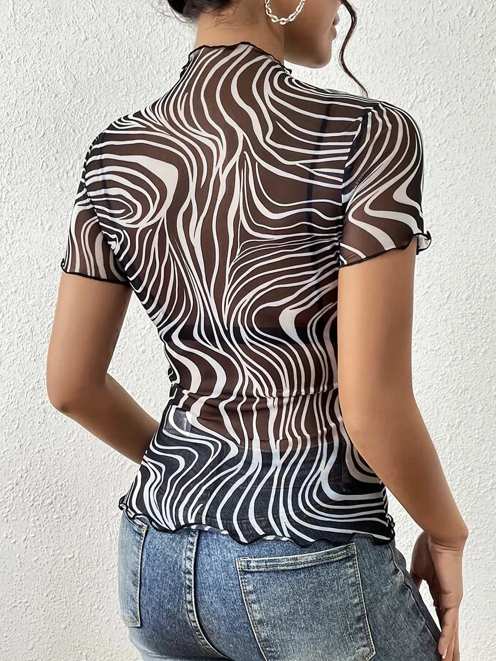 Psychedelic Wave Print Mock Neck T-Shirt, image 2