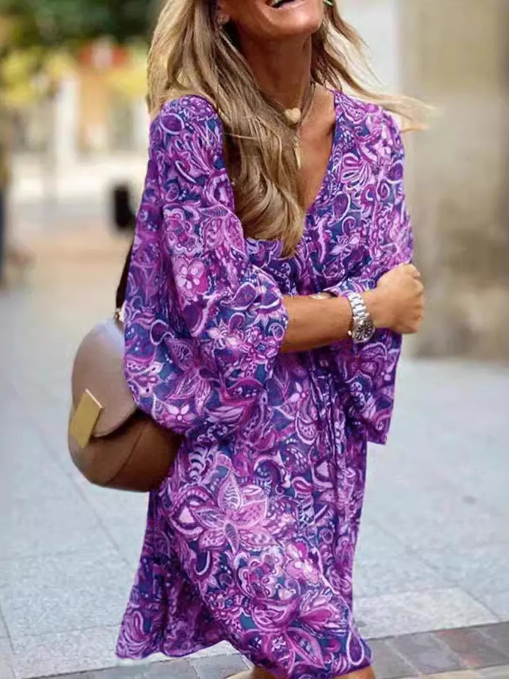 Full Size Paisley Print Long Sleeve Mini Dress Plus Size, image 14