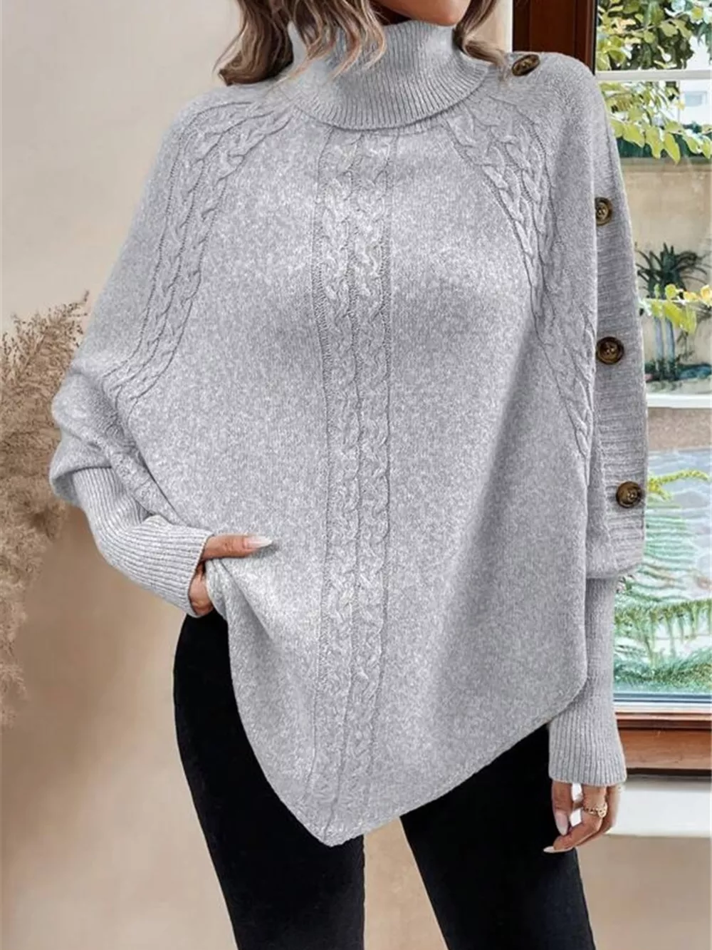 Cable Knit Turtleneck Cape Sweater, image 20