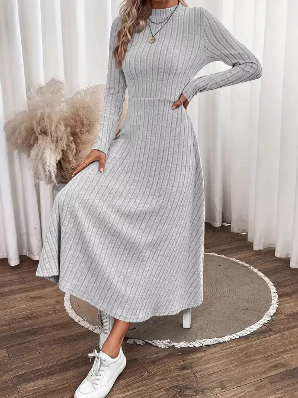 Ribbed Knit Long Sleeve Midi Dress, image 11