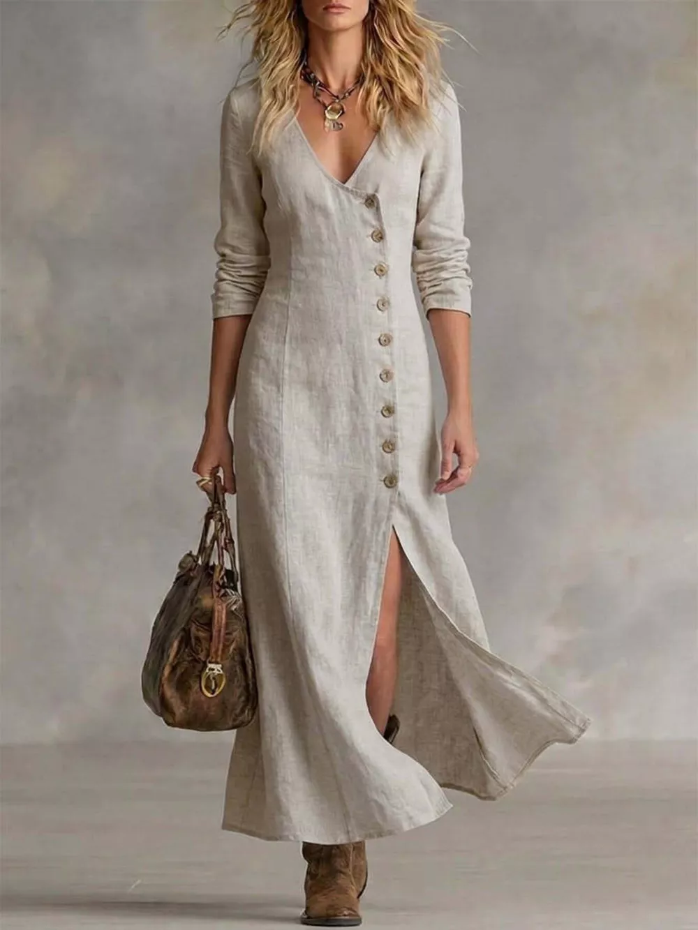 Slit Button-Down Midi Dress