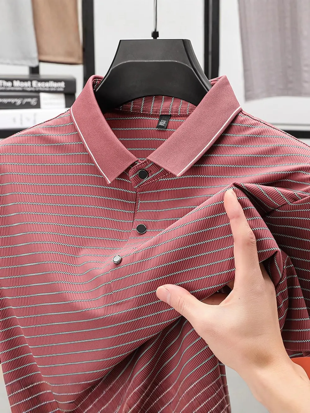 Men's Full Size Striped Button Detail Short Sleeve Polo Plus Size, image 5