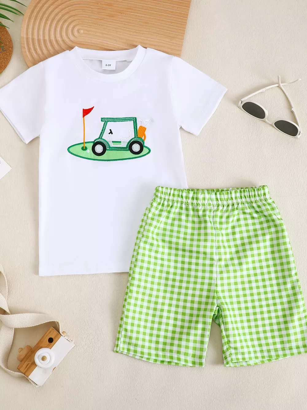 Children's Golf Cart Print T-Shirt and Gingham Shorts Set