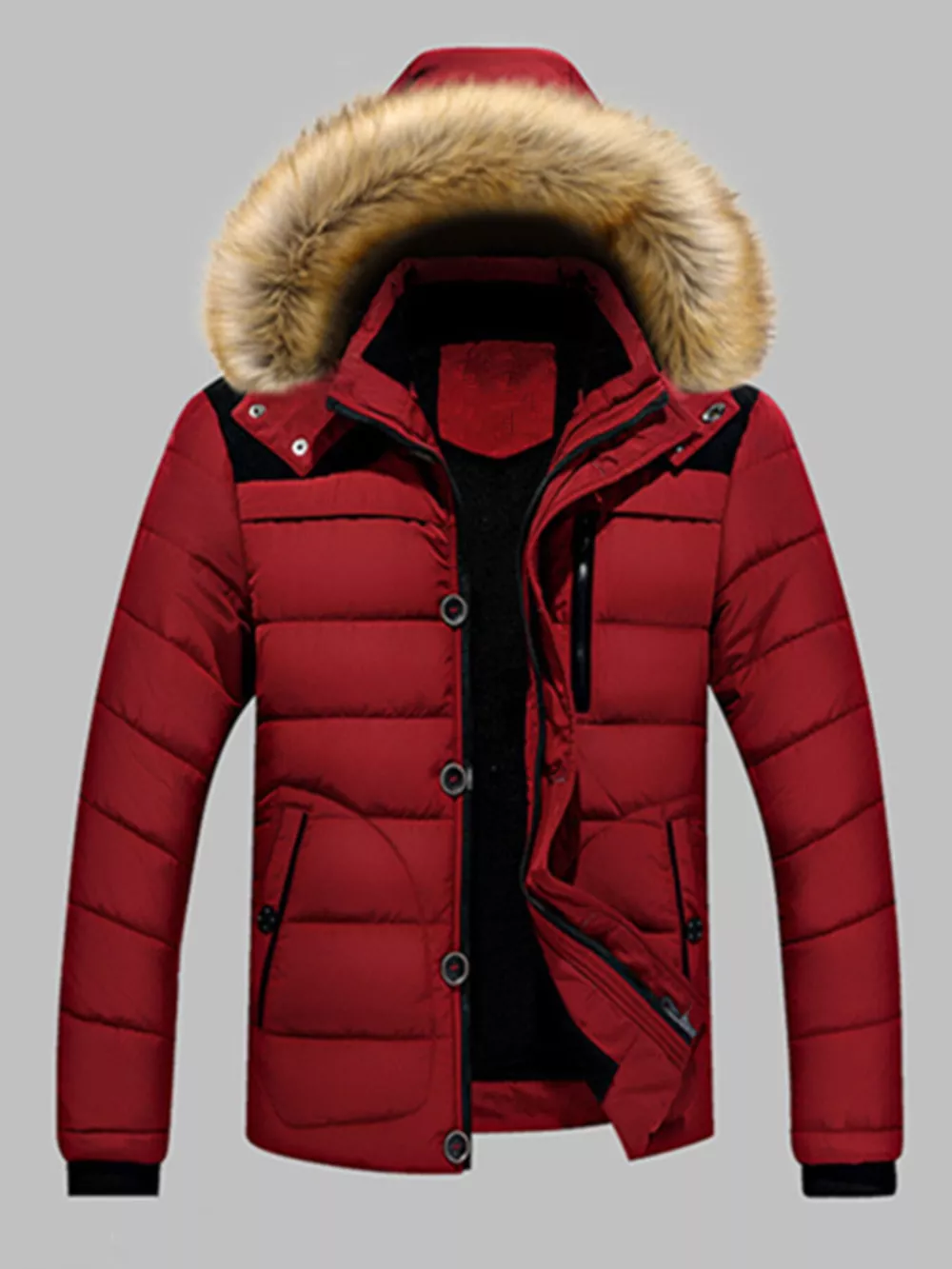 Men's Plus Size Padded Fur Hood Puffer Jacket, image 2