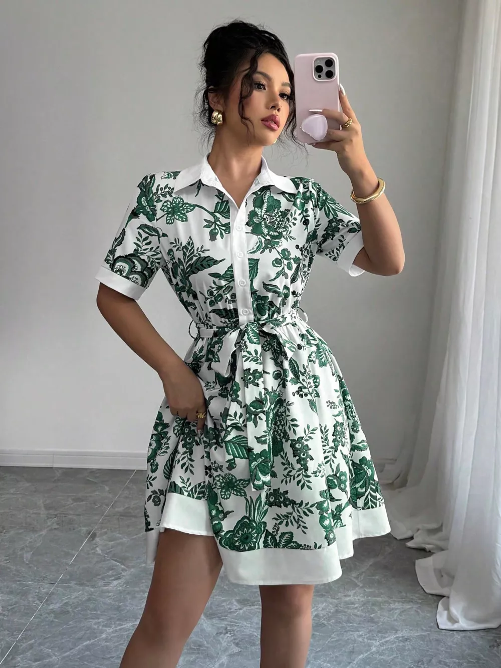 Printed Button Front Mini Dress, image 9