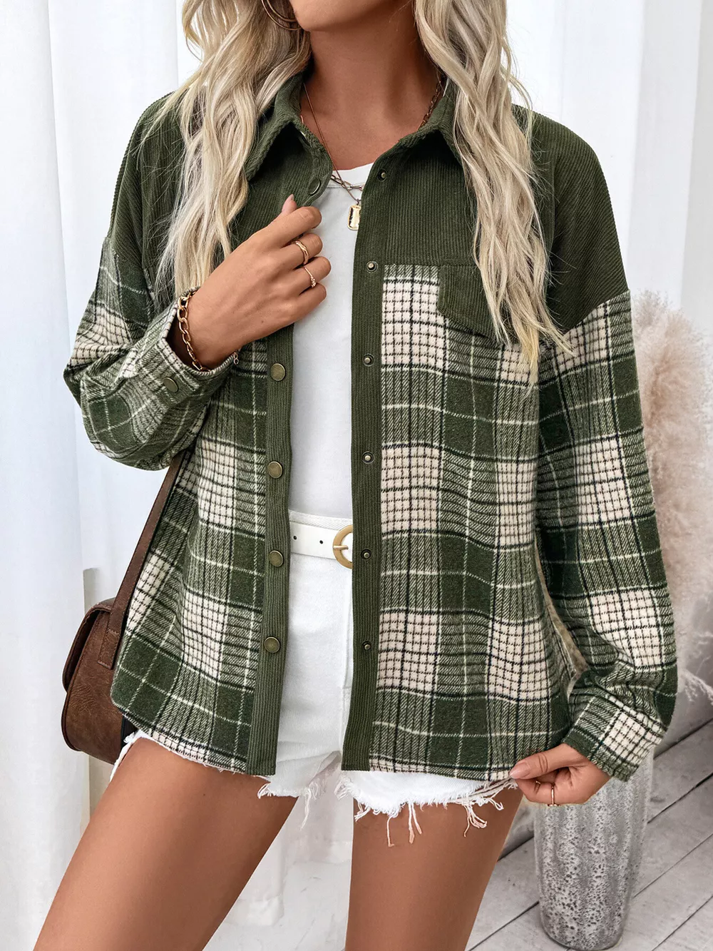 Plaid Button Up Long Sleeve Shacket, image 3