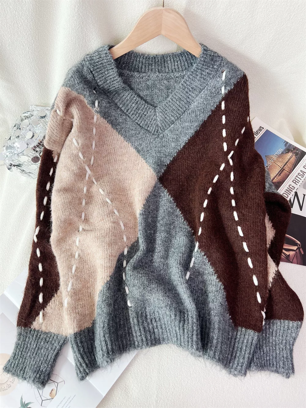 Argyle Pattern V-Neck Oversized Sweater, image 20