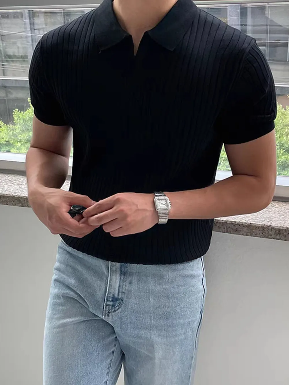 Men's Full Size Ribbed Short Sleeve Polo Plus Size