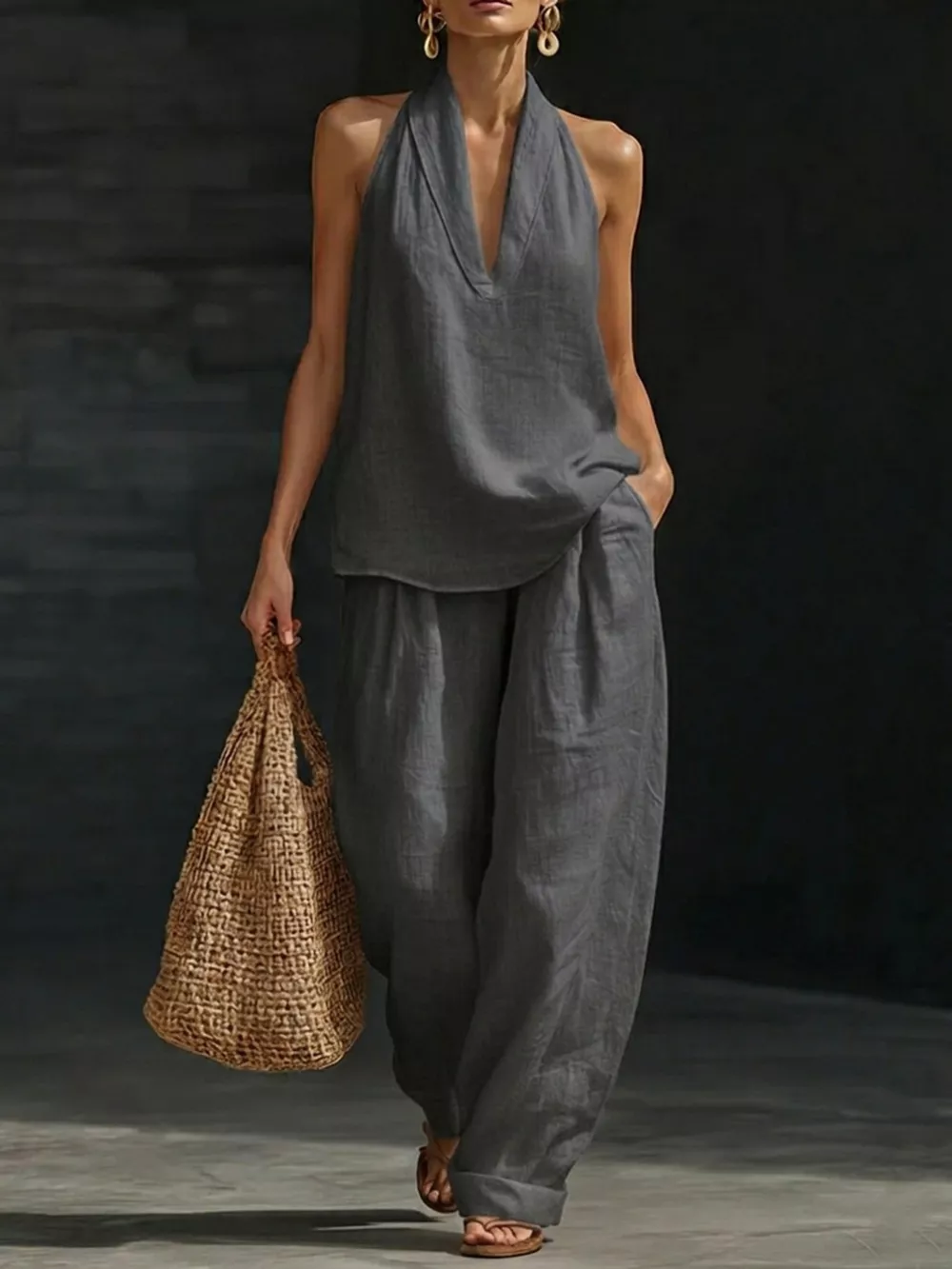 Full Size Halter Neck Top and Wide Leg Pants Set Plus Size, image 8
