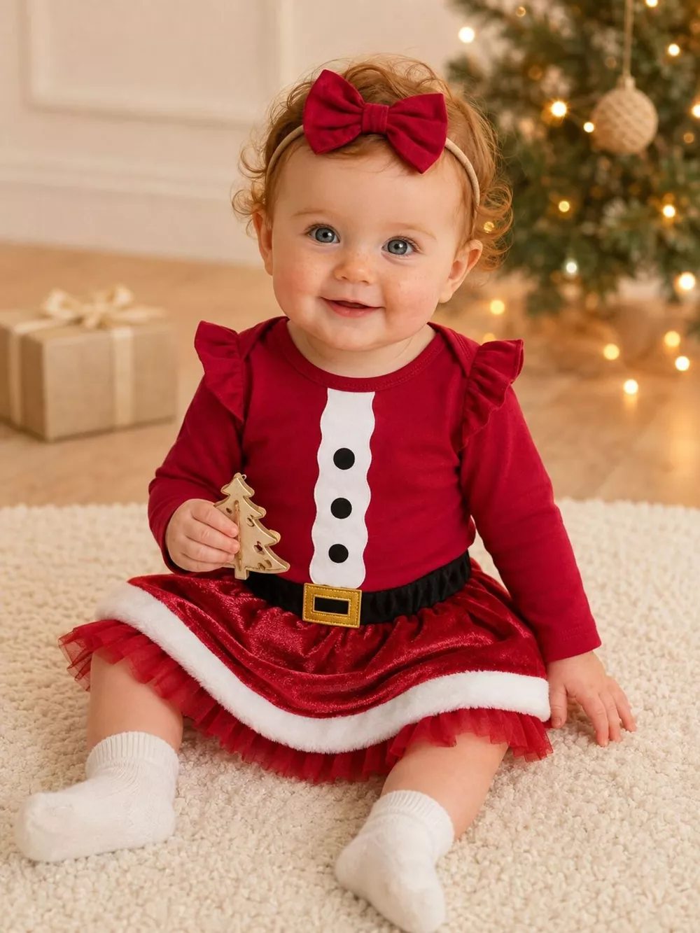 Children's Christmas Long Sleeve Bodysuit and Skirt Set with Bow Headband