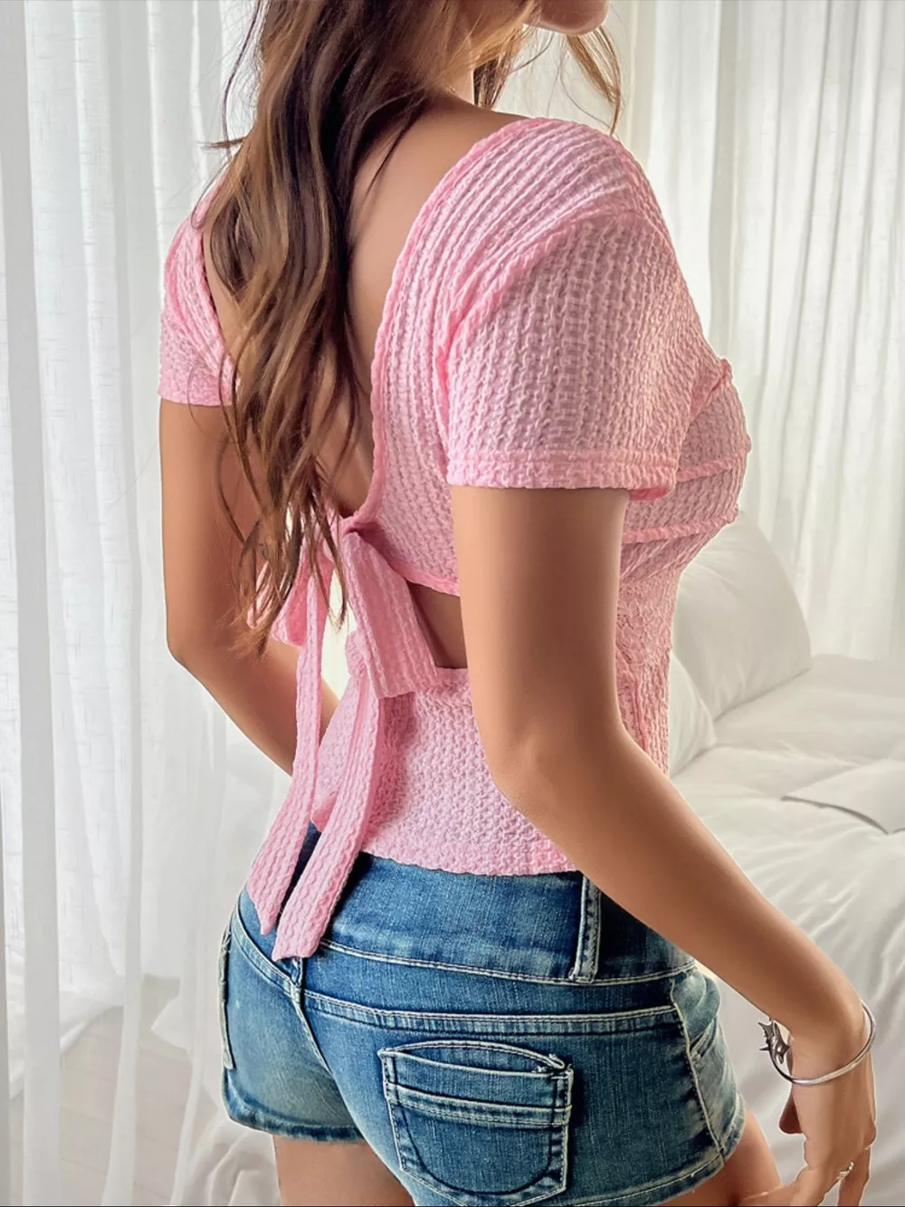 Textured Knit Back Tie Slim Fit Top with Lace Detail, image 3