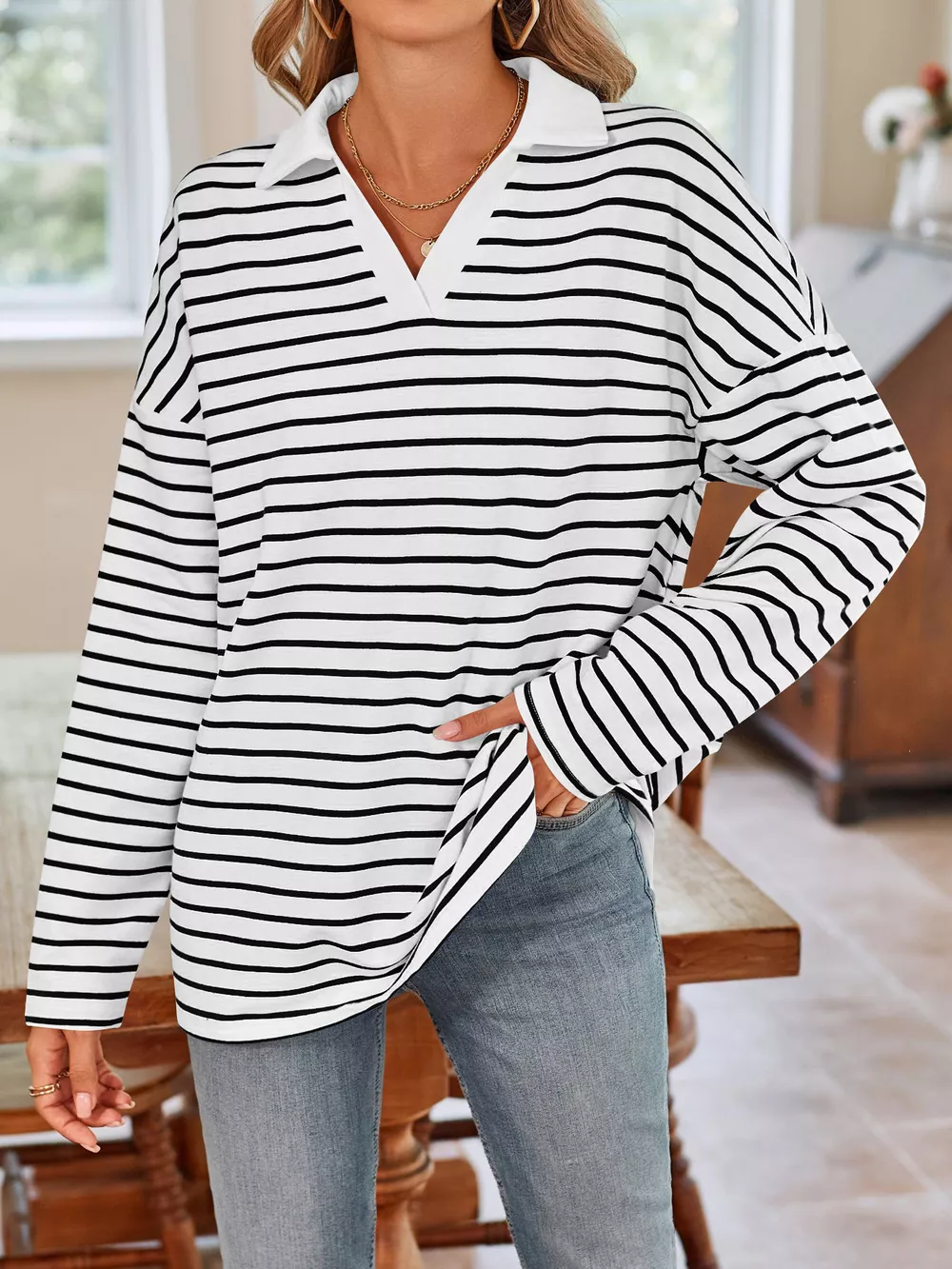 Oversized Striped Johnny Collar T-Shirt, image 3